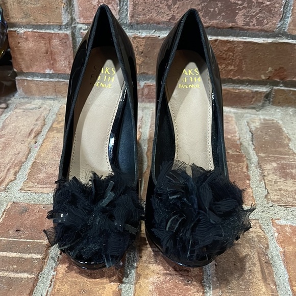 Saks Fifth Avenue Black Patent Leather Pom Pom Peep Toe Heels - Picture 4 of 6